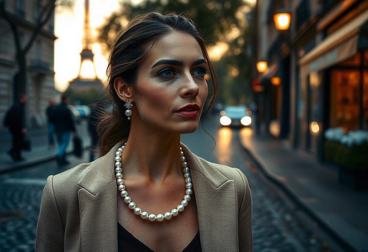 Parisian sophisticate jewelry pieces featuring classic designs like pearl necklaces and diamond studs