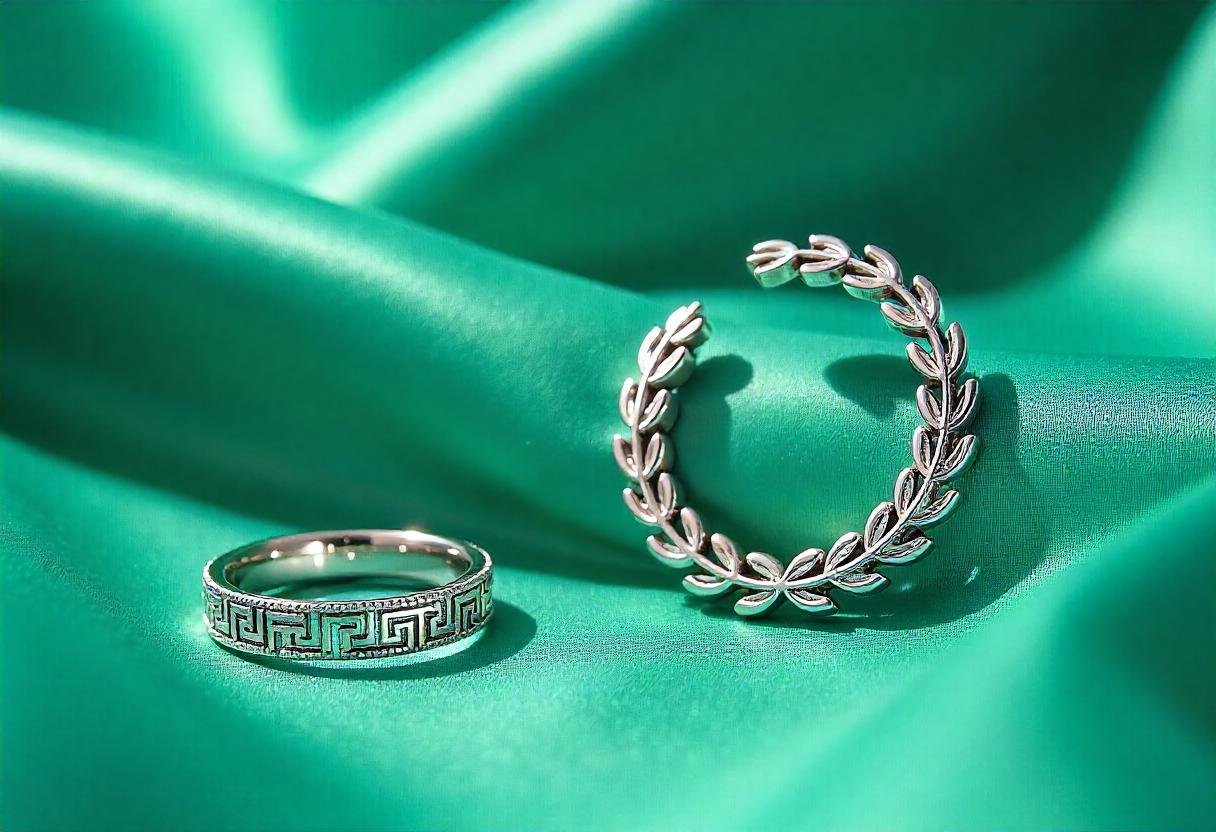Jewelry inspired by Greek mythology on a velvet background, showcasing intricate details and designs.