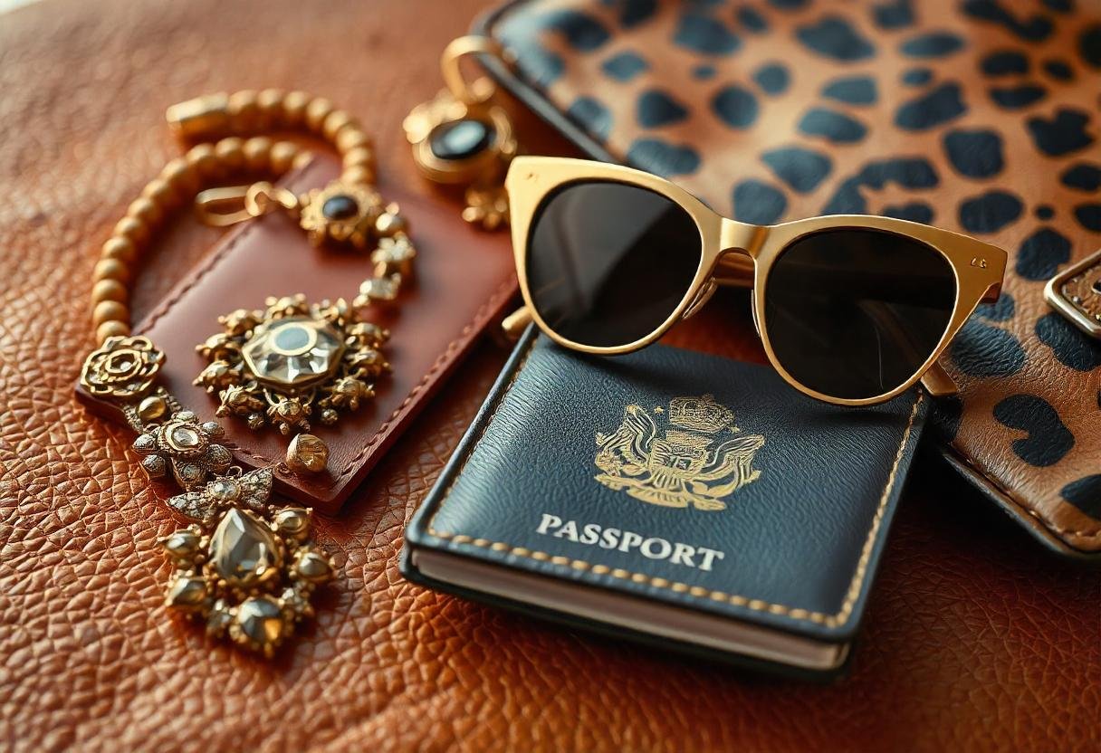 luxury travel jewelry pieces laid out with passports, sunglasses, and stylish luggage