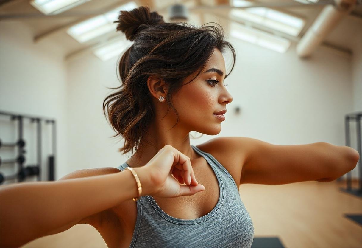 A woman wearing fitness jewelry, including a sleek bracelet and hoop earrings, while working out.