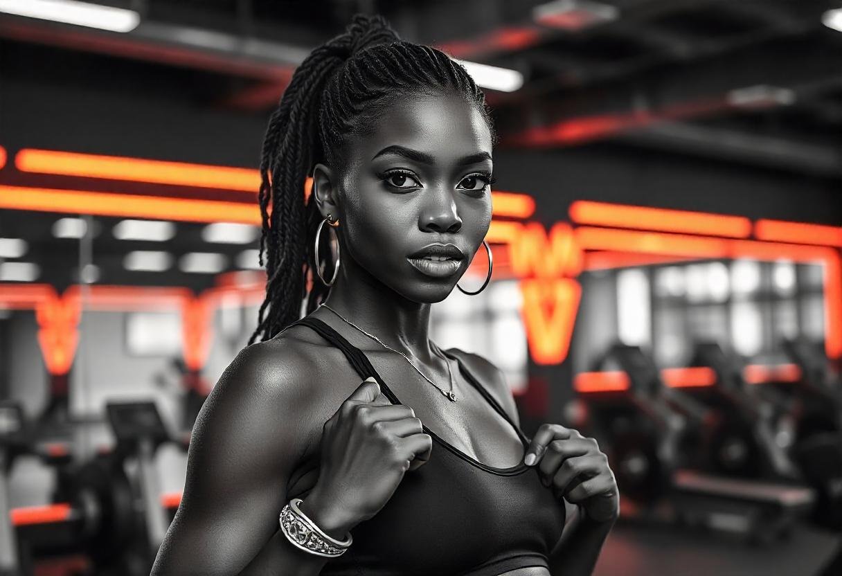 A fitness enthusiast wearing stylish workout jewelry in a vibrant gym outfit, showcasing sweat-resistant bracelets and minimalist necklaces.