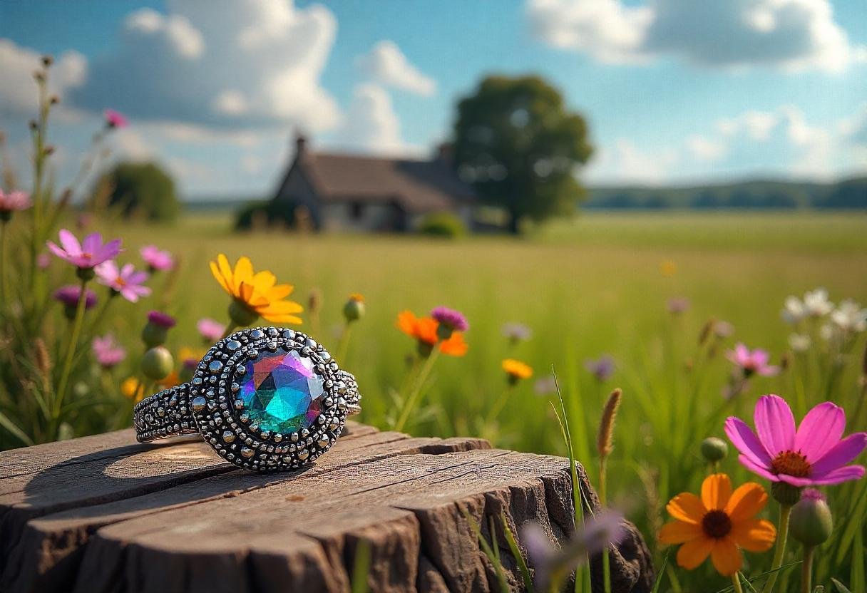 Cozy rustic jewelry displayed with natural countryside elements, like flowers or wood, perfect for rural living
