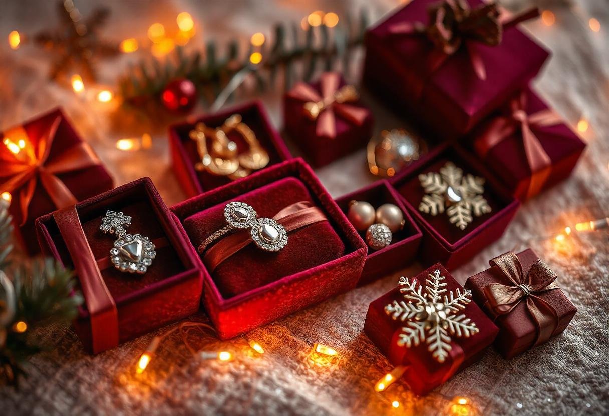 Jewelry gifts that make perfect stocking stuffers displayed elegantly in luxury boxes.