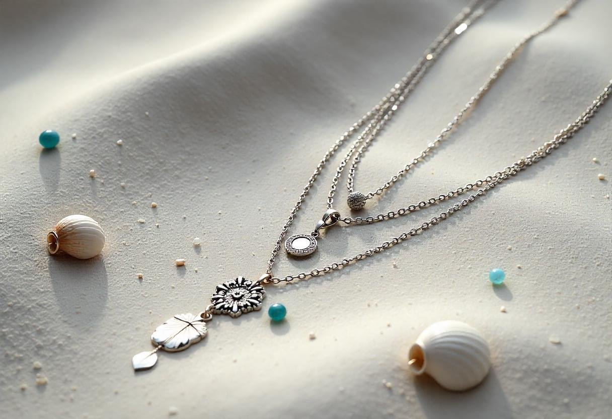 Coastal-inspired jewelry trends for winter 2024 featuring layered necklaces, turquoise stones, and pearl accents.