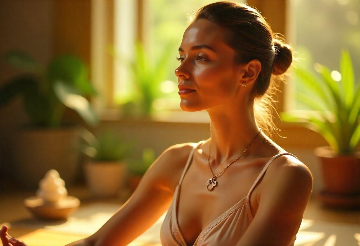 Yogini practicing yoga in a peaceful studio, wearing a lotus flower necklace and chakra bracelet from VeloriaBijoux. The jewelry is lightweight, stylish, and designed to enhance her yoga practice, embodying mindfulness and spiritual connection.