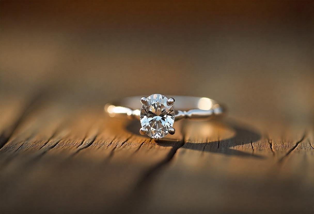 A platinum engagement ring on a natural wood surface showcasing its durability and elegance