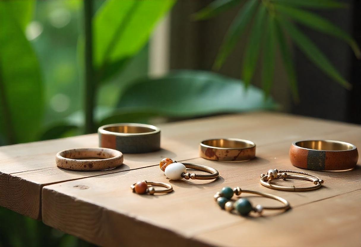 A collection of nature-inspired jewelry, including recycled metal bracelets and jasper gemstone rings, designed for photographers