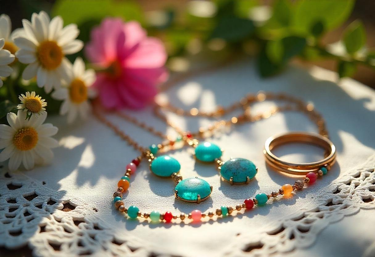 Festival-inspired jewelry for weddings featuring boho earrings and necklaces, perfect for a bohemian wedding style.