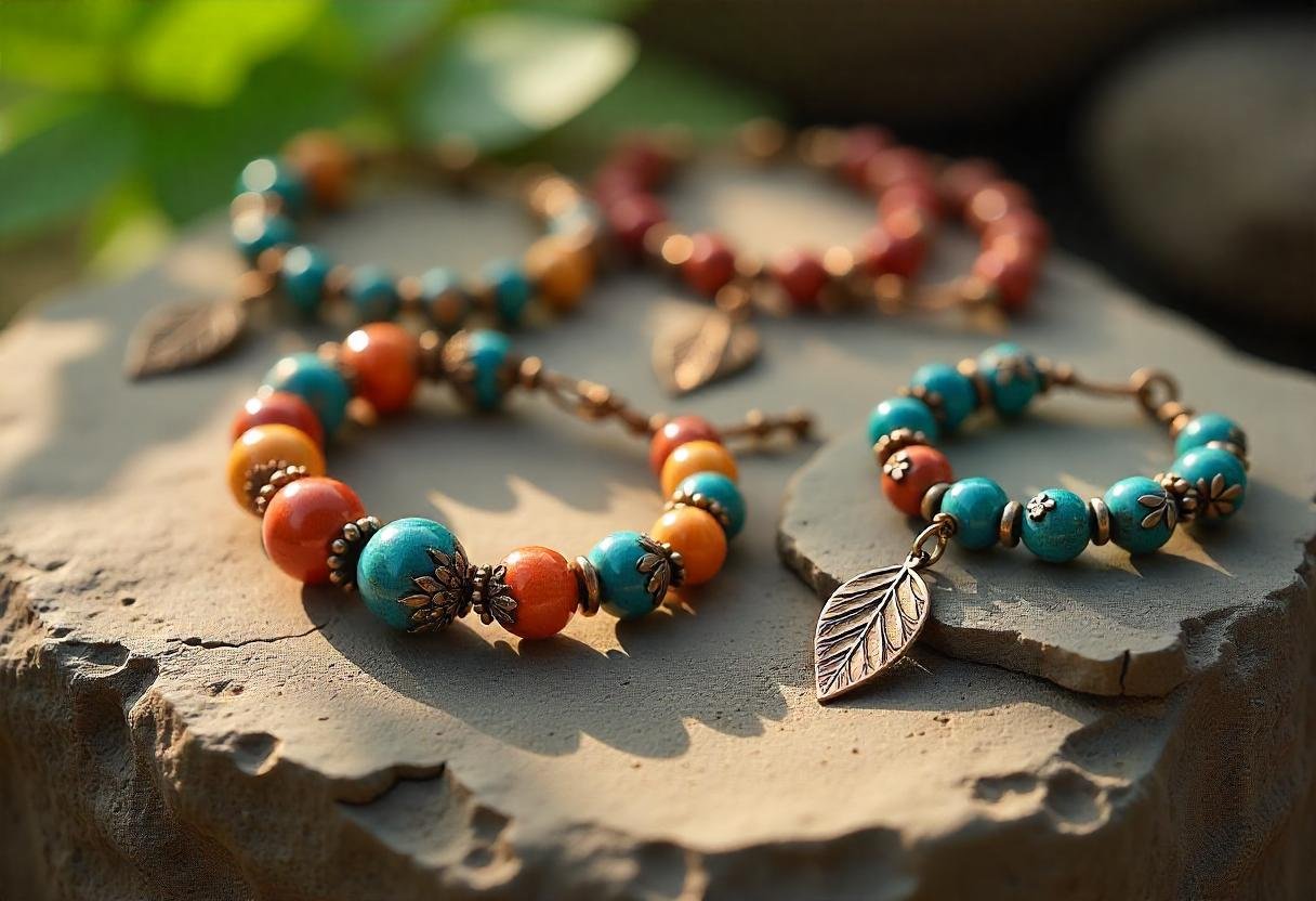 A stunning collection of nature-inspired jewelry featuring leaf motifs and ocean-colored gemstones in an eco-friendly design.