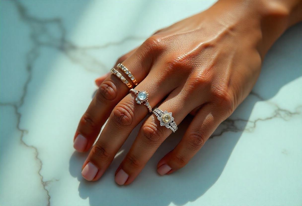 Layering rings for a trendy aesthetic featuring delicate gold and silver rings stacked on a hand, showcasing the beauty of handcrafted jewelry.