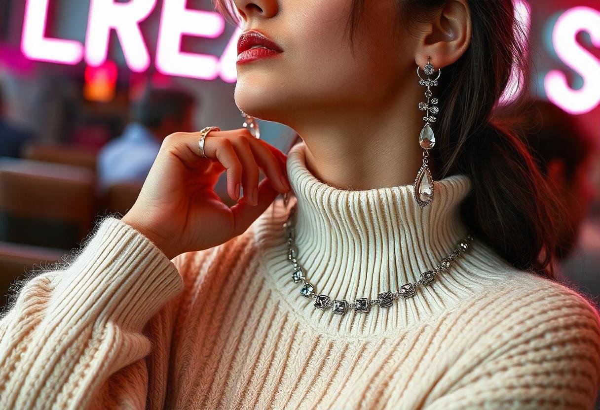 Elegant jewelry paired with oversized sweater for opera-inspired style